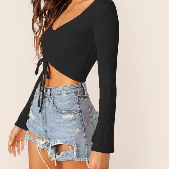 Bell Sleeve Drawstring Ruched Front Ribbed Tee - Picture 4 of 4